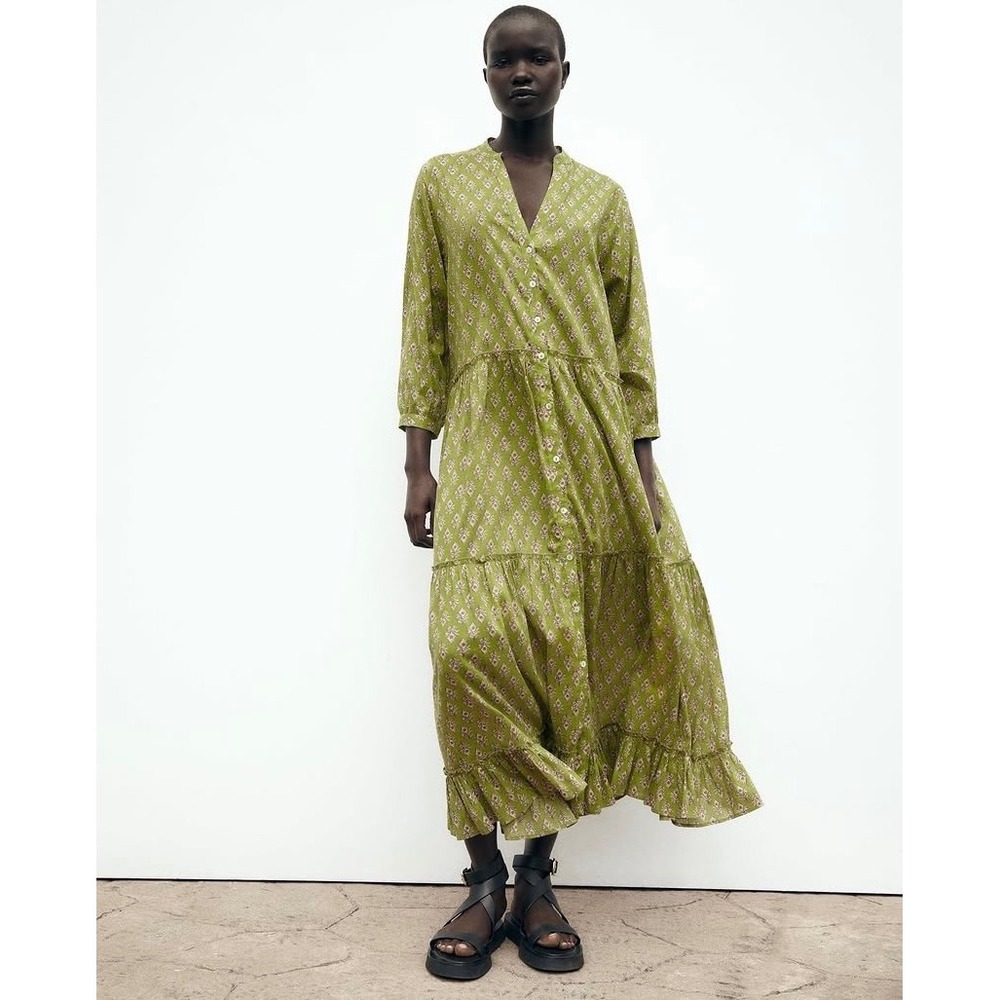 Zara XS Green Block Print Maxi Panel Tiered Ruffle Button Down Boho Shirt Dress